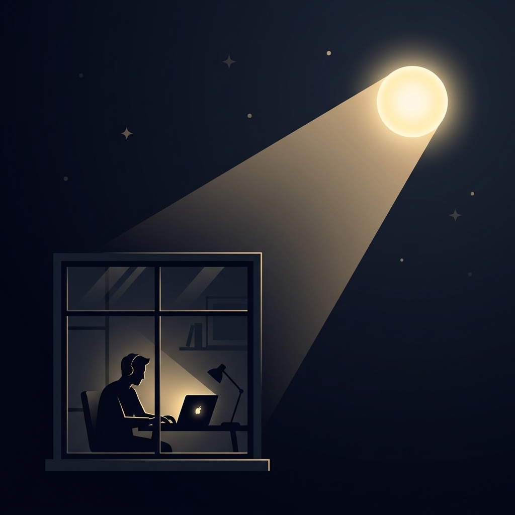 Founder working at night under a warm glowing moon